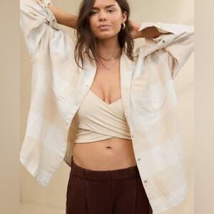 Aerie Anytime Fave Flannel Oversized Button Down Shirt Tan XS